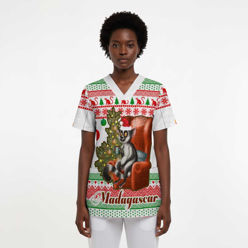 Madagascar Christmas Scrub Top Lemur Santa Hat Holiday Tree - African Pride