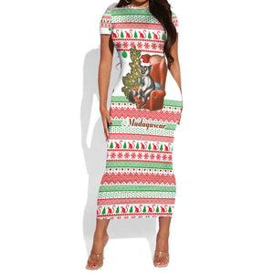 Madagascar Christmas Short Sleeve Bodycon Dress Lemur Santa Hat Holiday Tree - African Pride