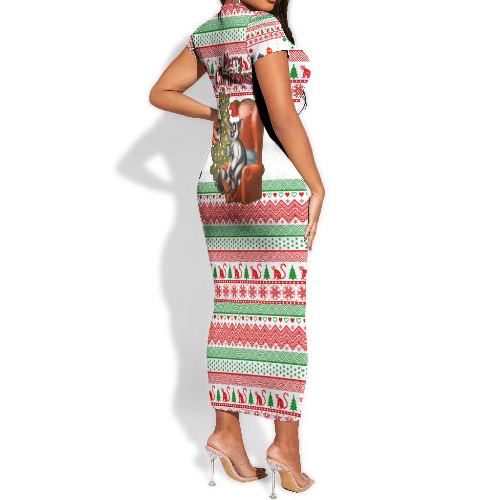 Madagascar Christmas Short Sleeve Bodycon Dress Lemur Santa Hat Holiday Tree - African Pride
