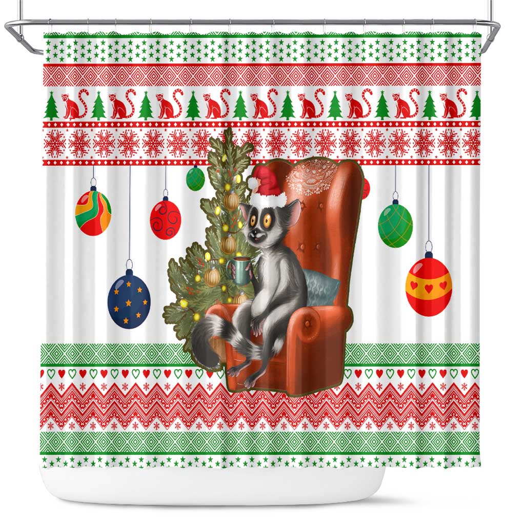 Madagascar Christmas Shower Curtain Lemur Santa Hat Holiday Tree - African Pride