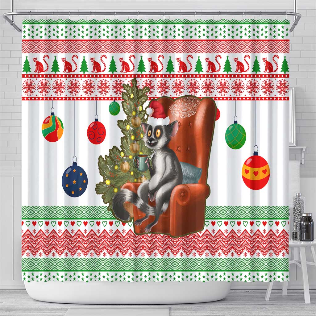 Madagascar Christmas Shower Curtain Lemur Santa Hat Holiday Tree - African Pride
