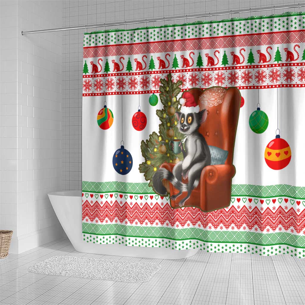 Madagascar Christmas Shower Curtain Lemur Santa Hat Holiday Tree - African Pride