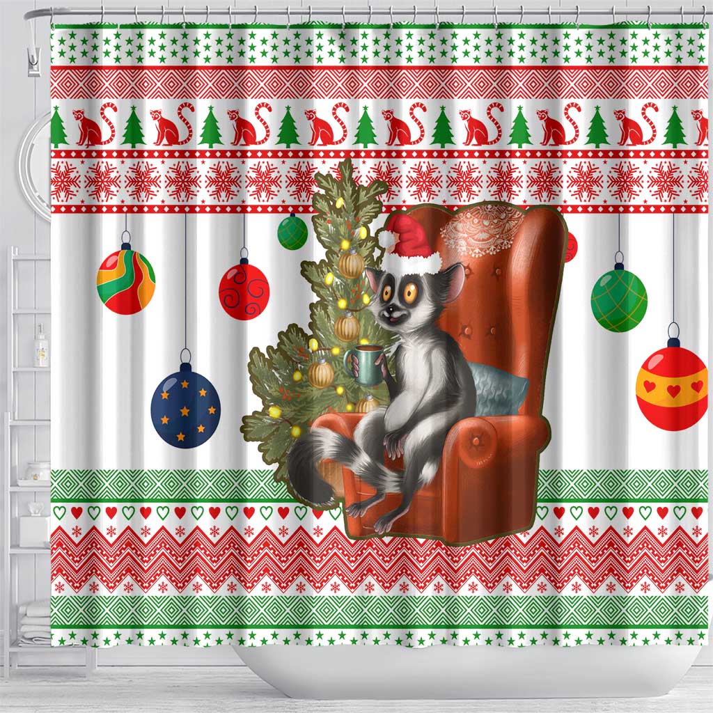 Madagascar Christmas Shower Curtain Lemur Santa Hat Holiday Tree - African Pride