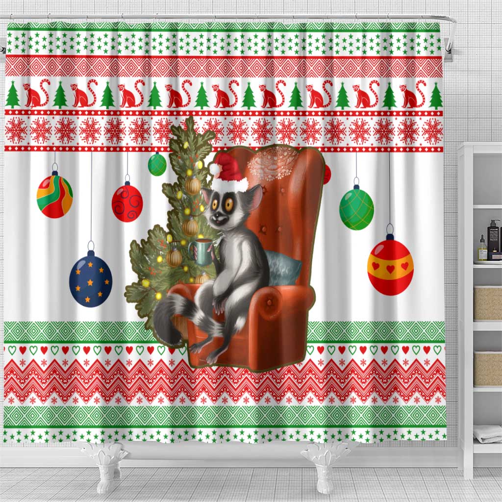 Madagascar Christmas Shower Curtain Lemur Santa Hat Holiday Tree - African Pride