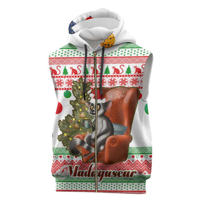 Madagascar Christmas Sleeveless Zip Hoodie Lemur Santa Hat Holiday Tree - African Pride