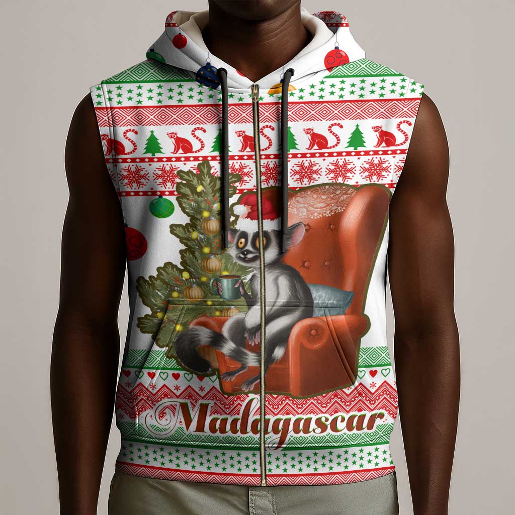 Madagascar Christmas Sleeveless Zip Hoodie Lemur Santa Hat Holiday Tree - African Pride