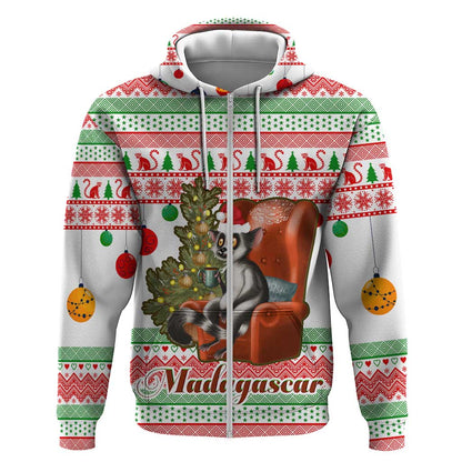 Madagascar Christmas Zip Hoodie Lemur Santa Hat Holiday Tree - African Pride