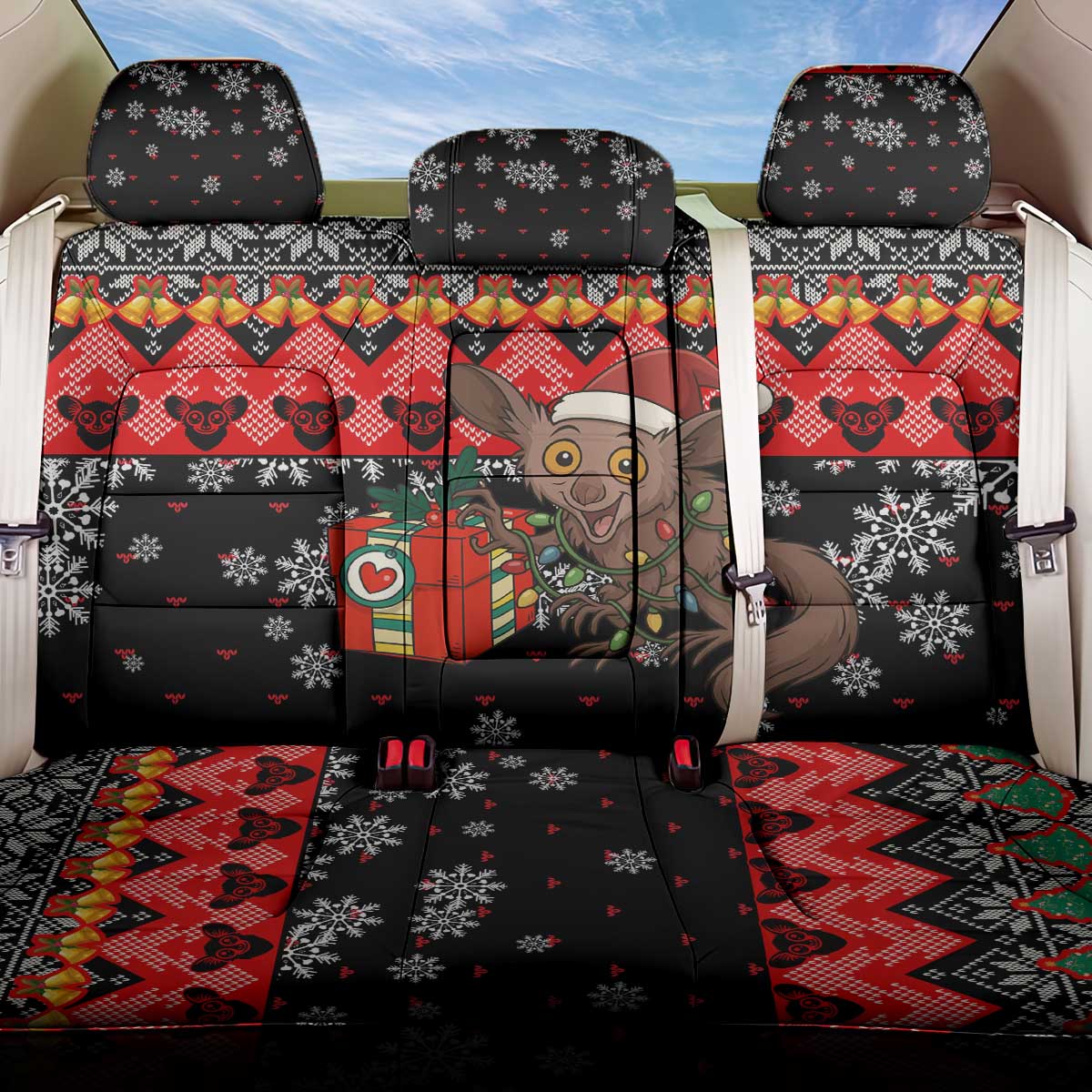 Madagascar Christmas Back Car Seat Cover Aye Aye Lemur Santa Hat Holiday Lights - African Pride
