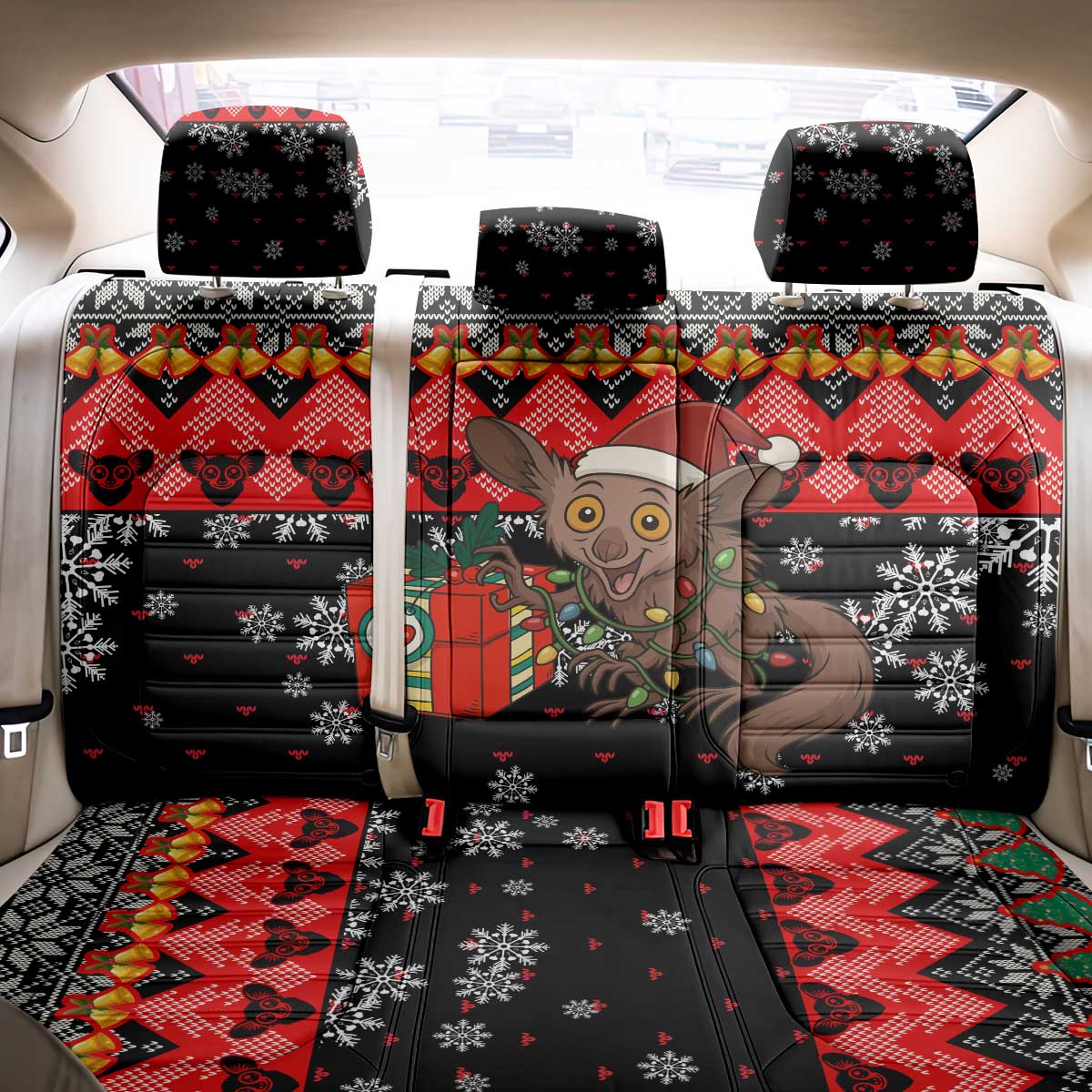 Madagascar Christmas Back Car Seat Cover Aye Aye Lemur Santa Hat Holiday Lights - African Pride