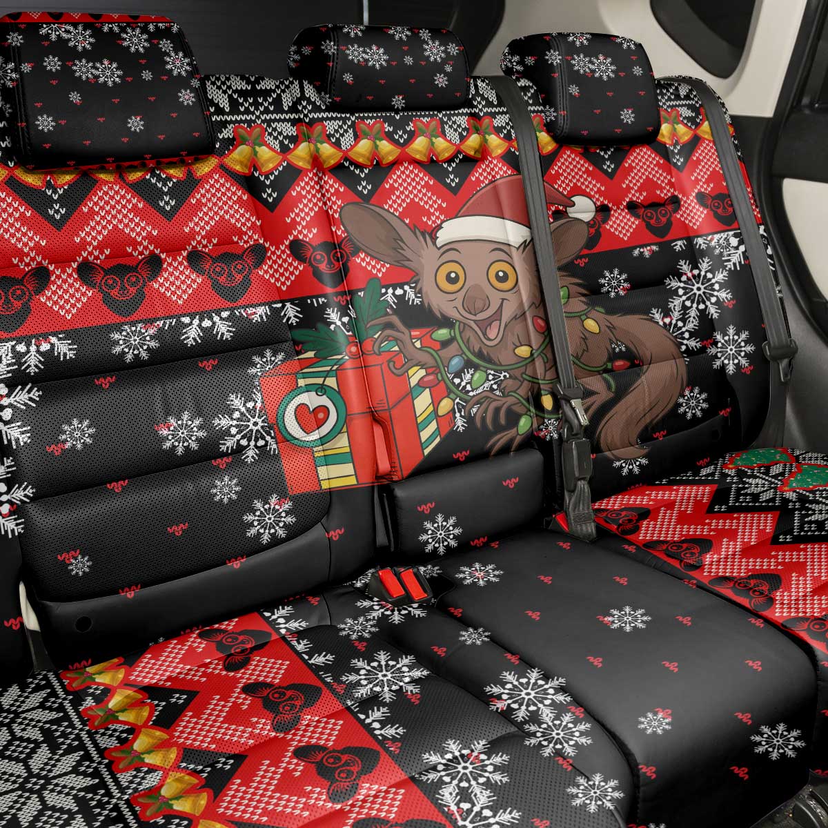 Madagascar Christmas Back Car Seat Cover Aye Aye Lemur Santa Hat Holiday Lights - African Pride