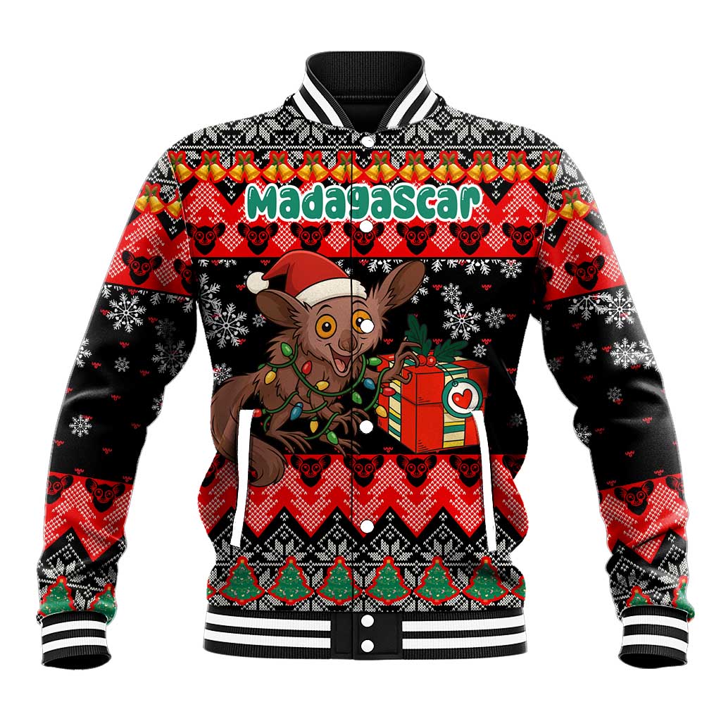 Madagascar Christmas Baseball Jacket Aye Aye Lemur Santa Hat Holiday Lights - African Pride