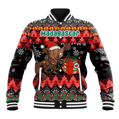 Madagascar Christmas Baseball Jacket Aye Aye Lemur Santa Hat Holiday Lights - African Pride