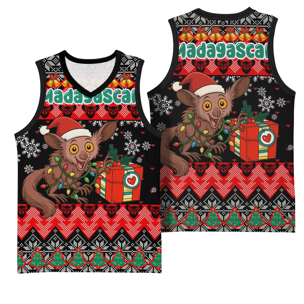 Madagascar Christmas Basketball Jersey Aye Aye Lemur Santa Hat Holiday Lights - African Pride