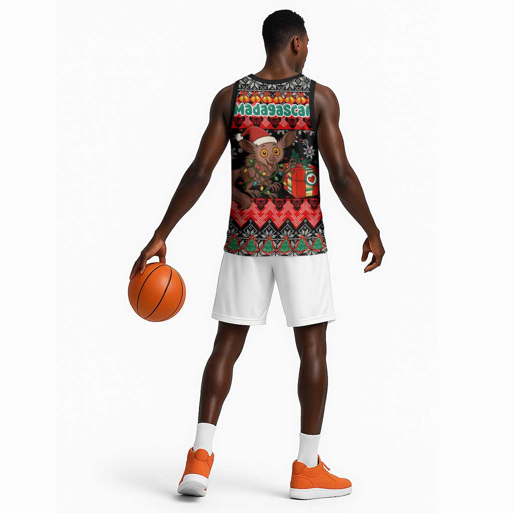 Madagascar Christmas Basketball Jersey Aye Aye Lemur Santa Hat Holiday Lights - African Pride