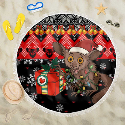 Madagascar Christmas Beach Blanket Aye Aye Lemur Santa Hat Holiday Lights - African Pride