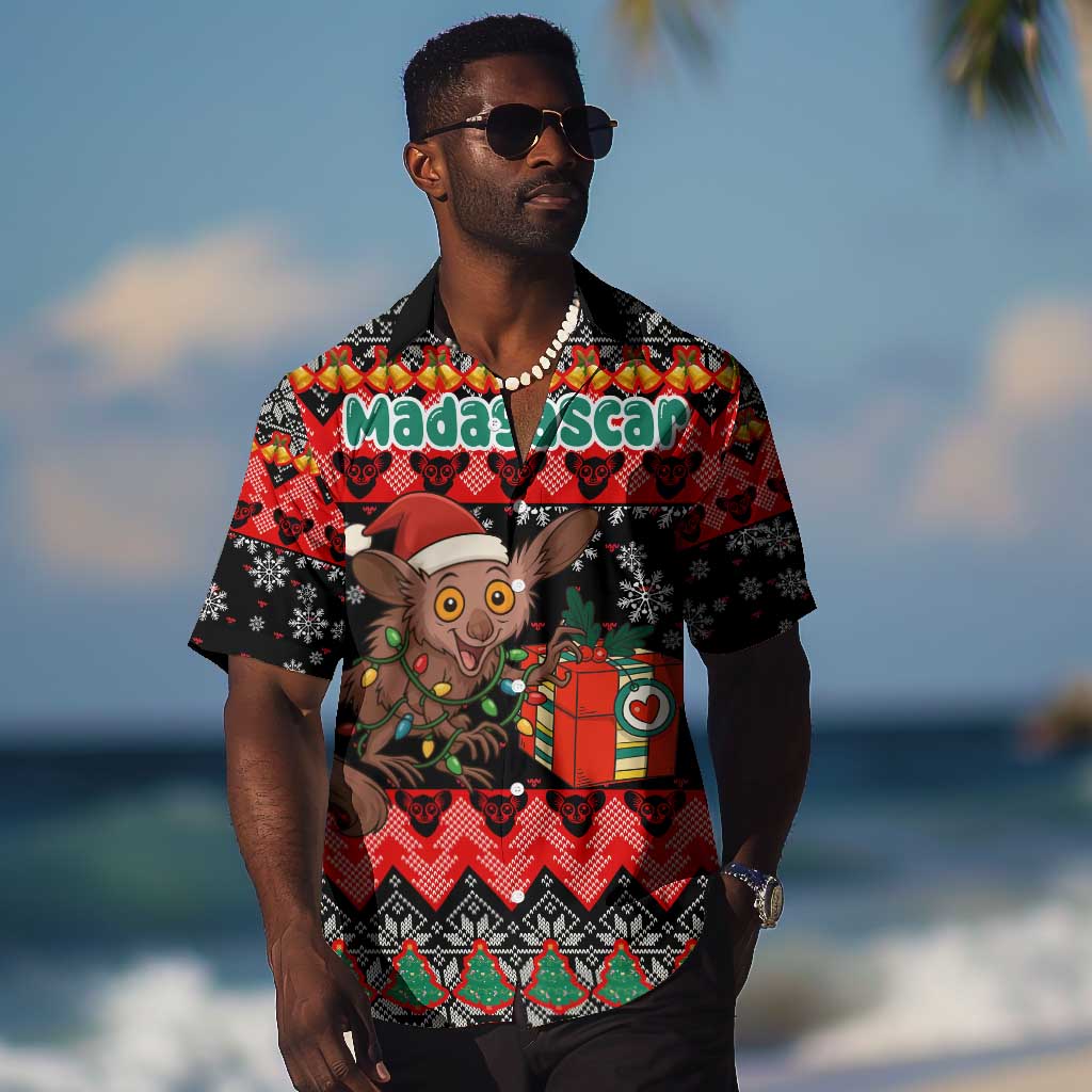Madagascar Christmas Hawaiian Shirt Aye Aye Lemur Santa Hat Holiday Lights - African Pride
