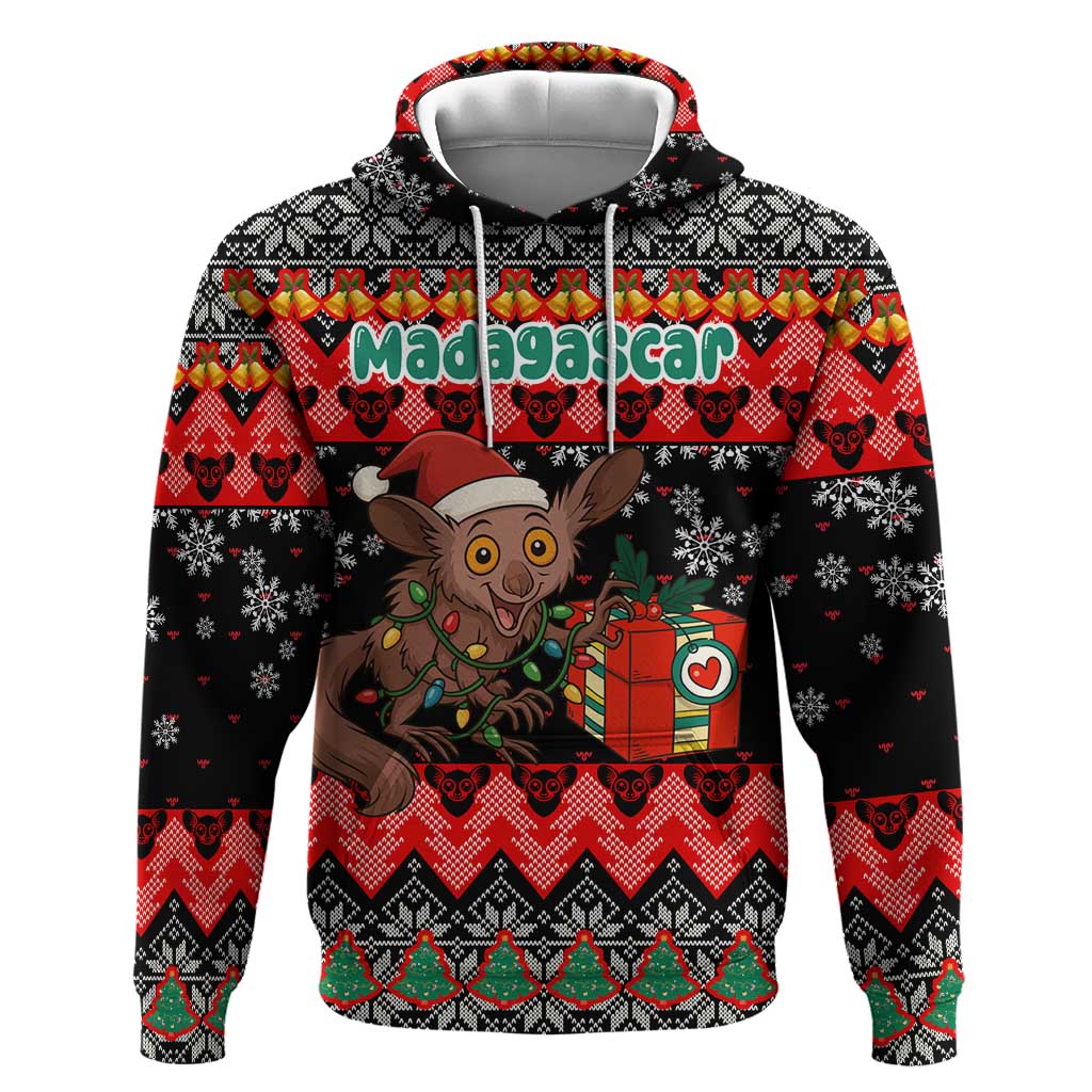 Madagascar Christmas Hoodie Aye Aye Lemur Santa Hat Holiday Lights - African Pride