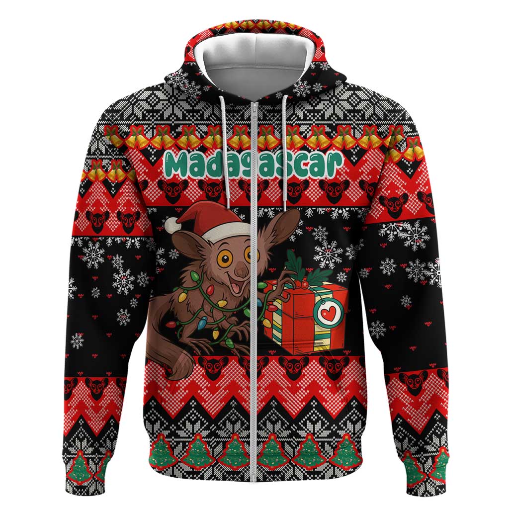 Madagascar Christmas Hoodie Aye Aye Lemur Santa Hat Holiday Lights - African Pride
