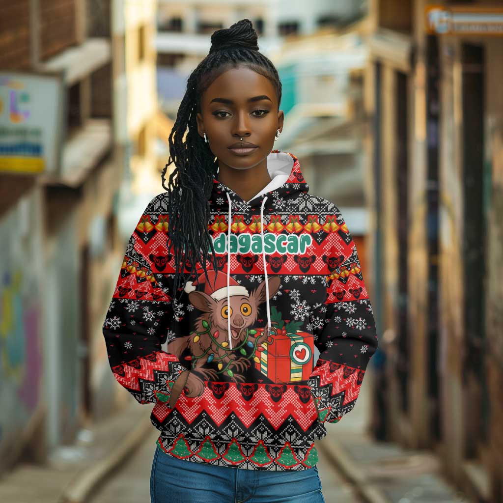 Madagascar Christmas Hoodie Aye Aye Lemur Santa Hat Holiday Lights - African Pride