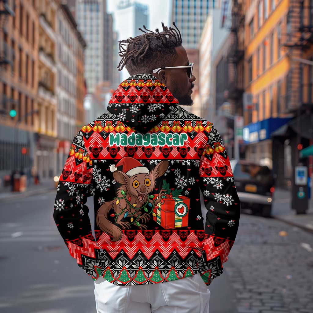 Madagascar Christmas Hoodie Aye Aye Lemur Santa Hat Holiday Lights - African Pride