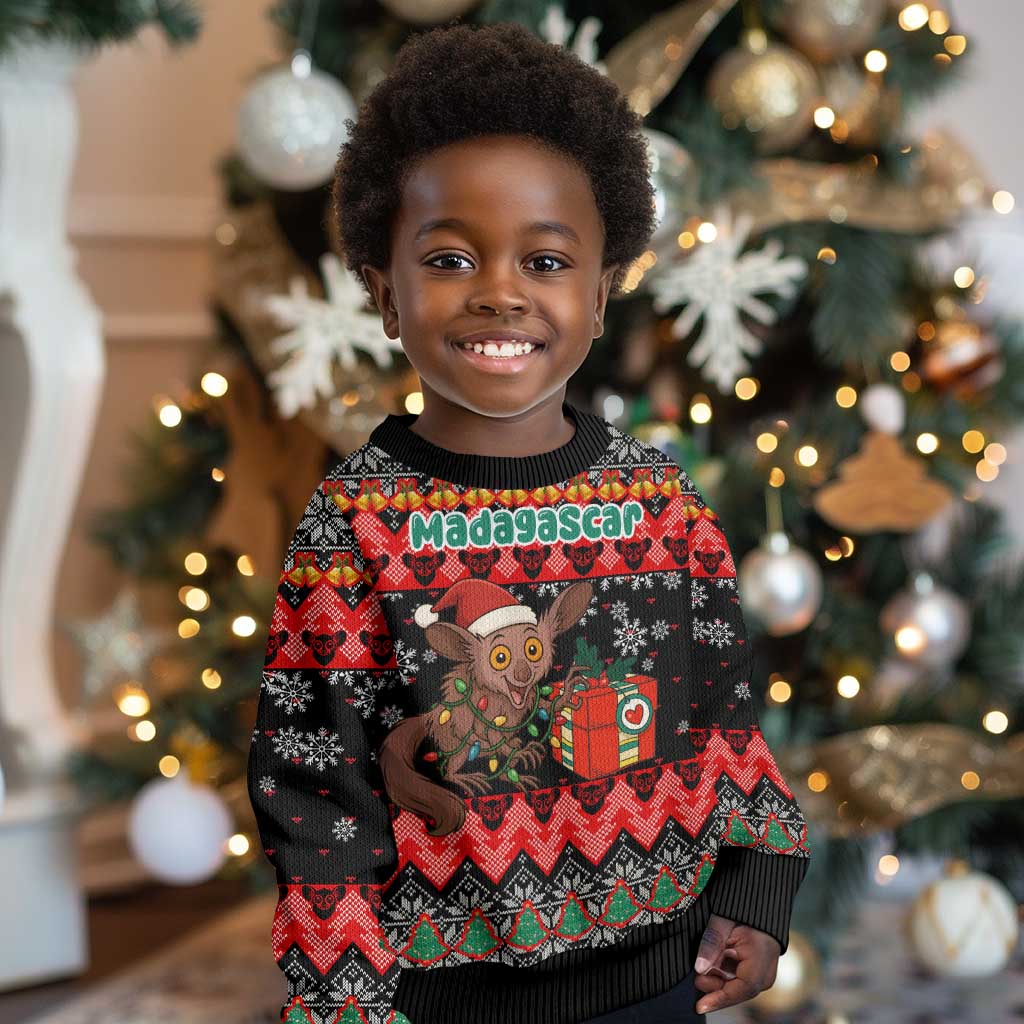 Madagascar Christmas Kid Ugly Christmas Sweater Aye Aye Lemur Santa Hat Holiday Lights - African Pride