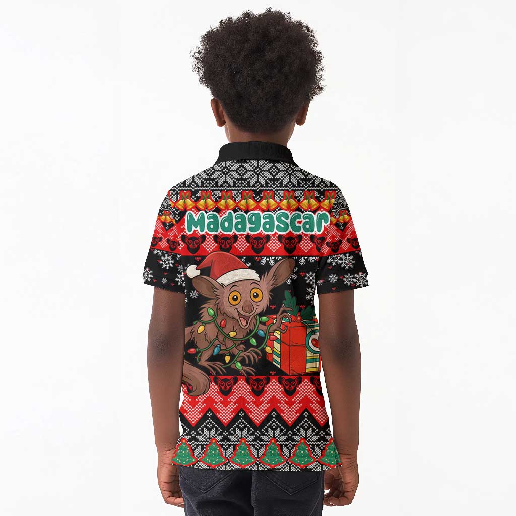 Madagascar Christmas Kid Polo Shirt Aye Aye Lemur Santa Hat Holiday Lights - African Pride