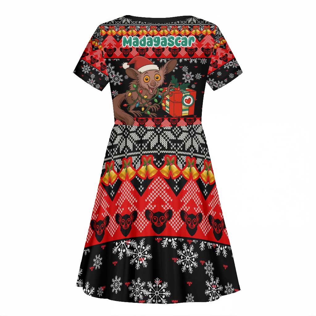Madagascar Christmas Kid Short Sleeve Dress Aye Aye Lemur Santa Hat Holiday Lights - African Pride