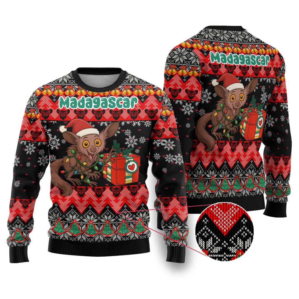 Madagascar Christmas Ugly Christmas Sweater Aye Aye Lemur Santa Hat Holiday Lights - African Pride