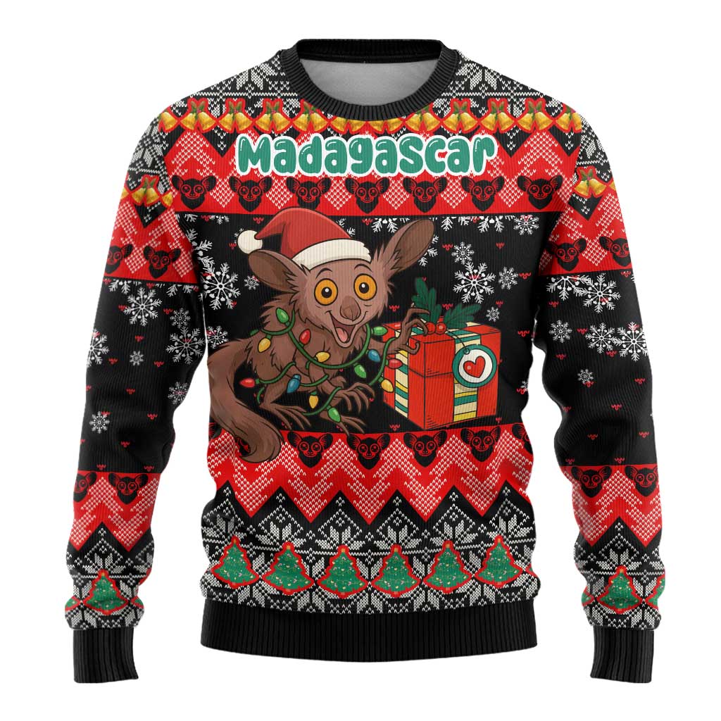 Madagascar Christmas Ugly Christmas Sweater Aye Aye Lemur Santa Hat Holiday Lights - African Pride