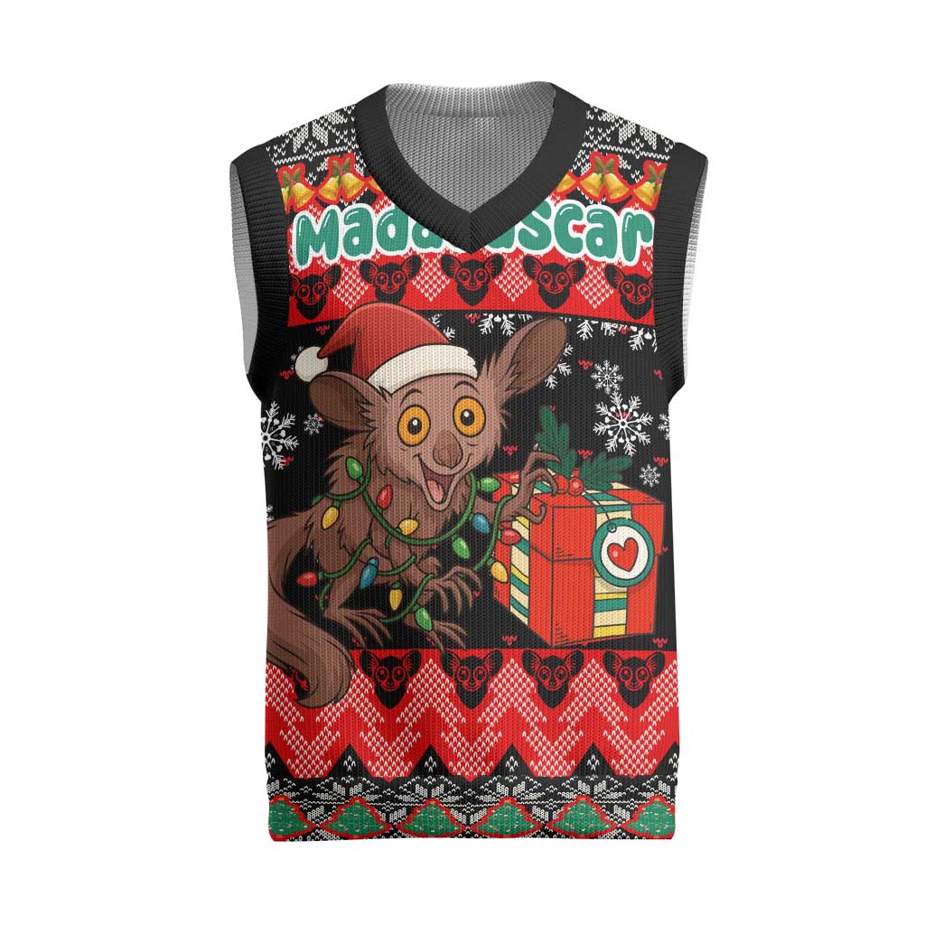 Madagascar Christmas Knitted V-Neck Vest Aye Aye Lemur Santa Hat Holiday Lights - African Pride