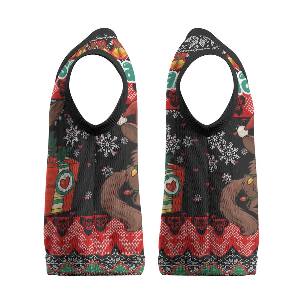 Madagascar Christmas Knitted V-Neck Vest Aye Aye Lemur Santa Hat Holiday Lights - African Pride