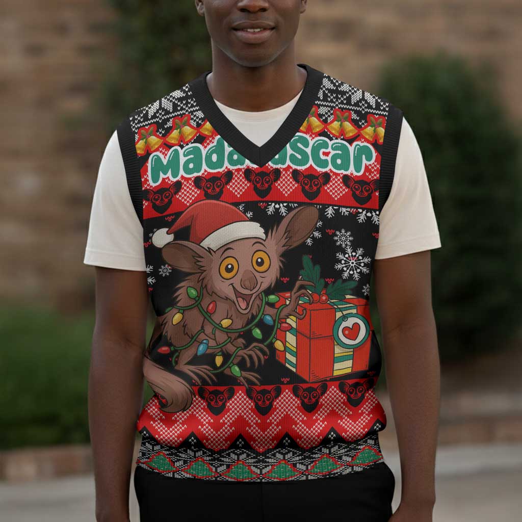 Madagascar Christmas Knitted V-Neck Vest Aye Aye Lemur Santa Hat Holiday Lights - African Pride