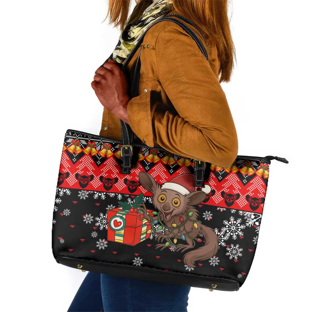 Madagascar Christmas Leather Tote Bag Aye Aye Lemur Santa Hat Holiday Lights - African Pride