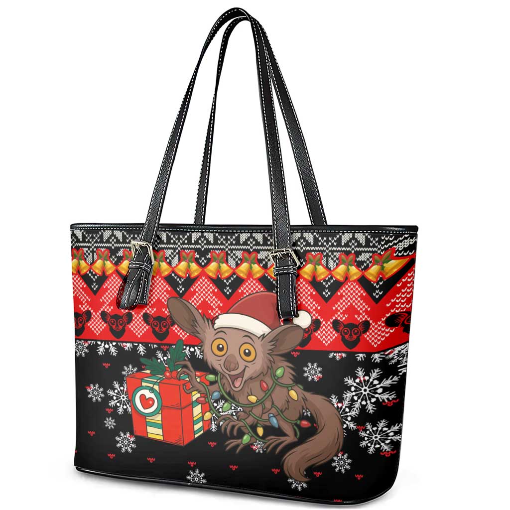 Madagascar Christmas Leather Tote Bag Aye Aye Lemur Santa Hat Holiday Lights - African Pride