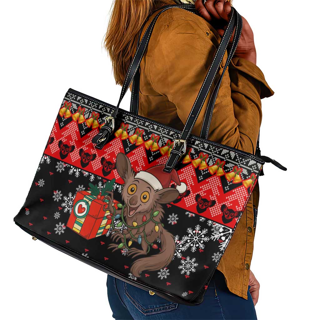 Madagascar Christmas Leather Tote Bag Aye Aye Lemur Santa Hat Holiday Lights - African Pride