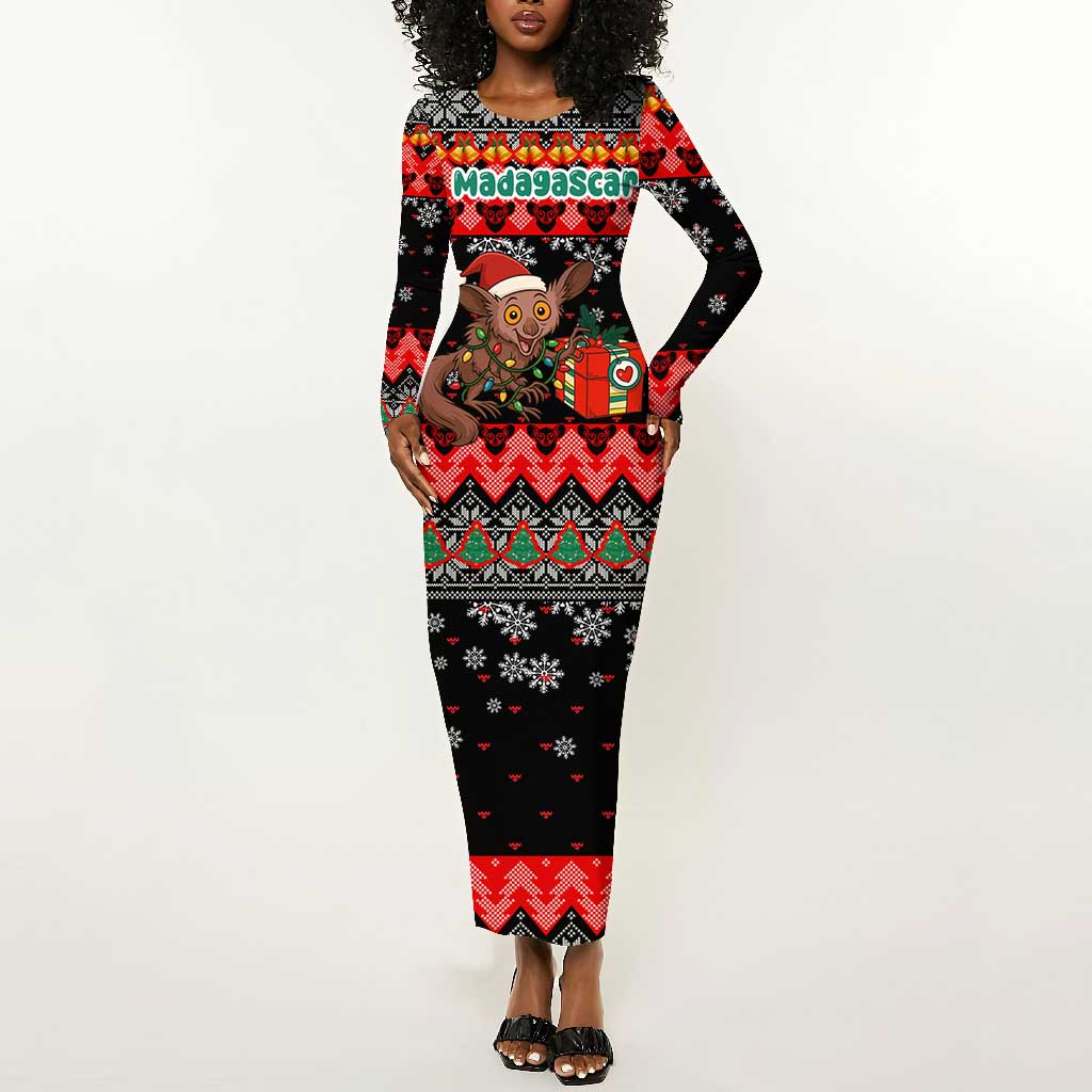 Madagascar Christmas Long Sleeve Bodycon Dress Aye Aye Lemur Santa Hat Holiday Lights - African Pride