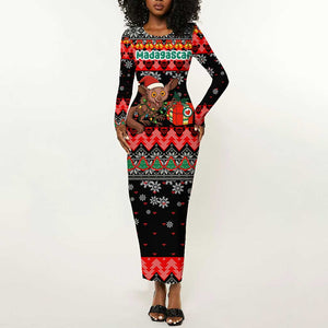 Madagascar Christmas Long Sleeve Bodycon Dress Aye Aye Lemur Santa Hat Holiday Lights - African Pride