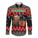 Madagascar Christmas Long Sleeve Button Shirt Aye Aye Lemur Santa Hat Holiday Lights - African Pride