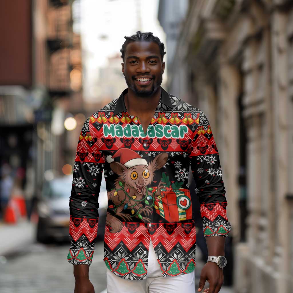 Madagascar Christmas Long Sleeve Button Shirt Aye Aye Lemur Santa Hat Holiday Lights - African Pride