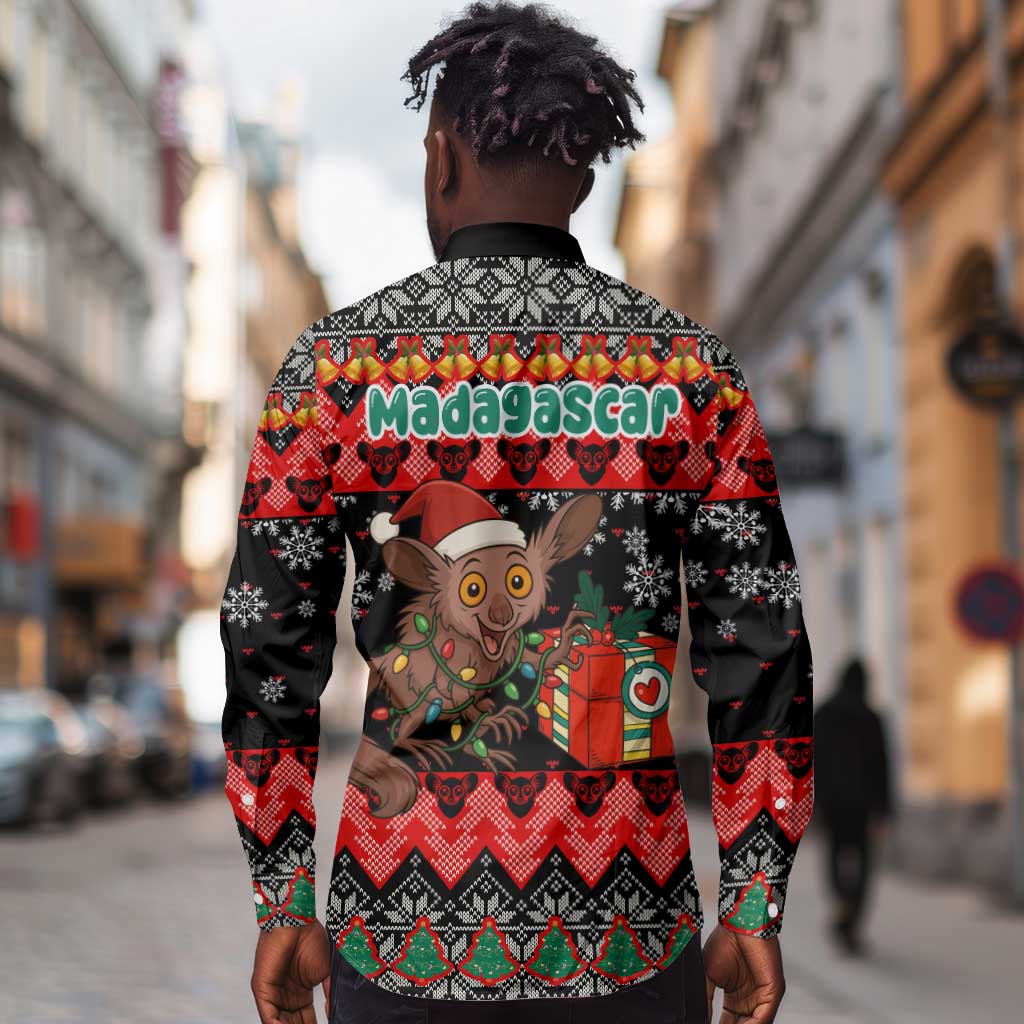 Madagascar Christmas Long Sleeve Button Shirt Aye Aye Lemur Santa Hat Holiday Lights - African Pride