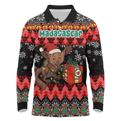 Madagascar Christmas Long Sleeve Polo Shirt Aye Aye Lemur Santa Hat Holiday Lights - African Pride