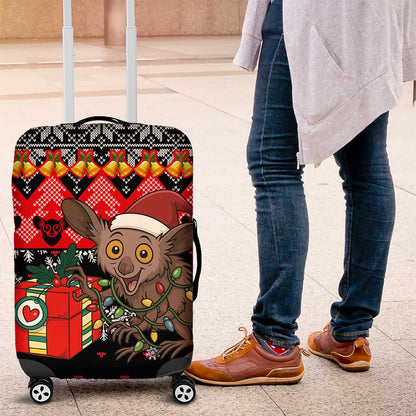 Madagascar Christmas Luggage Cover Aye Aye Lemur Santa Hat Holiday Lights - African Pride