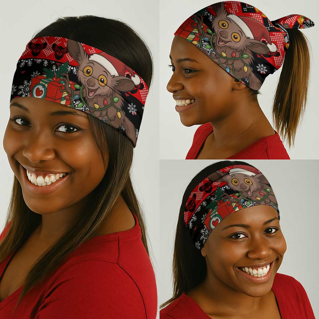 Madagascar Christmas Neck Gaiter Aye Aye Lemur Santa Hat Holiday Lights - African Pride