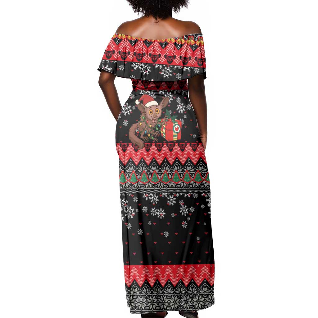 Madagascar Christmas Off Shoulder Maxi Dress Aye Aye Lemur Santa Hat Holiday Lights - African Pride