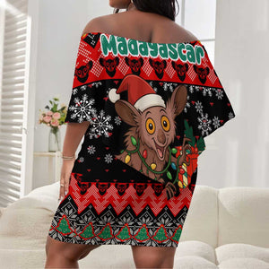 Madagascar Christmas Off Shoulder Short Dress Aye Aye Lemur Santa Hat Holiday Lights - African Pride