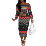 Madagascar Christmas Off The Shoulder Long Sleeve Dress Aye Aye Lemur Santa Hat Holiday Lights - African Pride