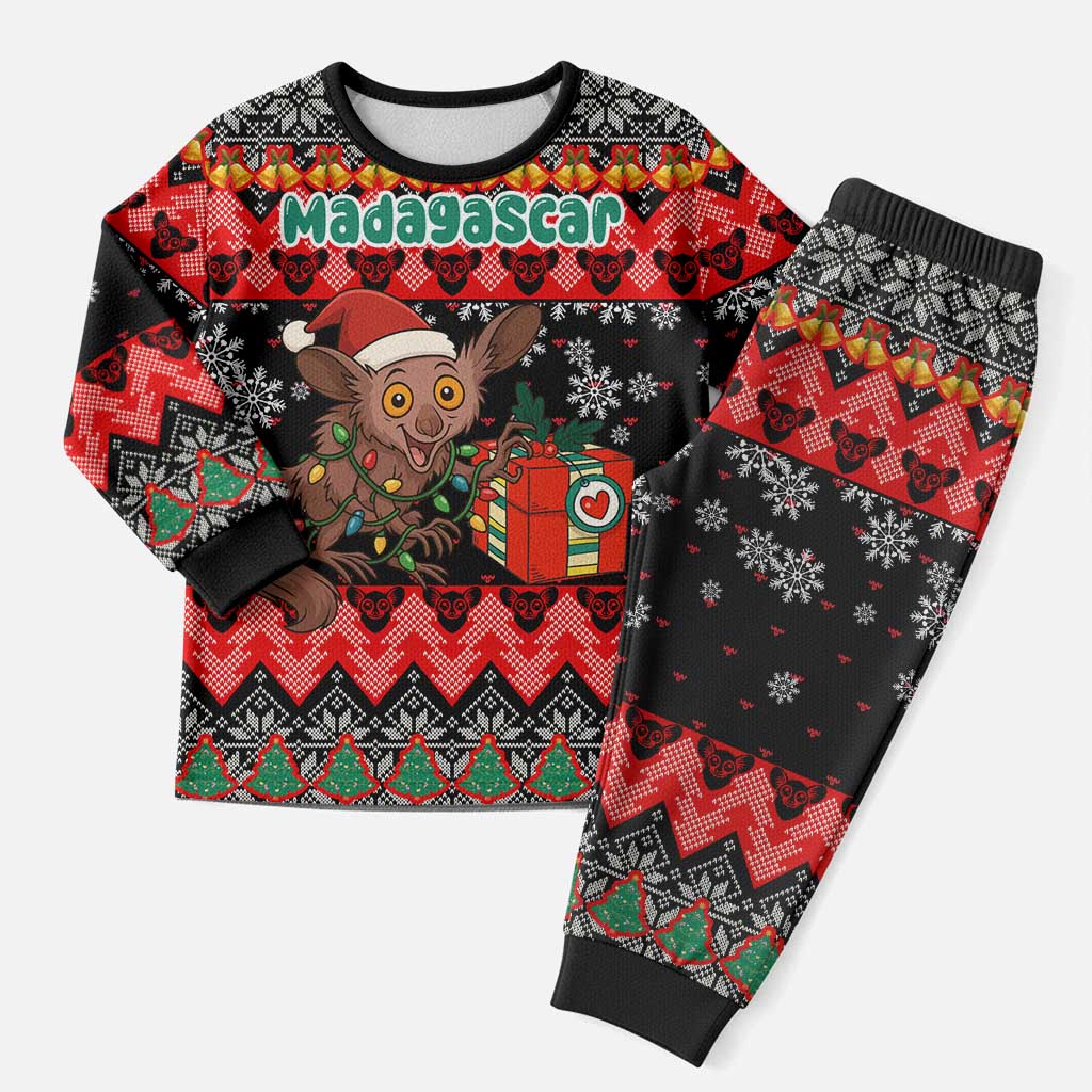 Madagascar Christmas Pajama Set Aye Aye Lemur Santa Hat Holiday Lights - African Pride