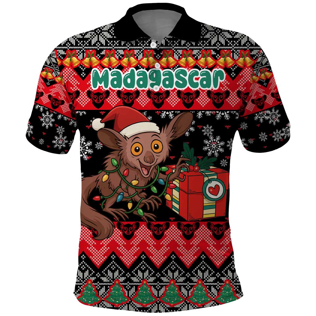 Madagascar Christmas Polo Shirt Aye Aye Lemur Santa Hat Holiday Lights - African Pride