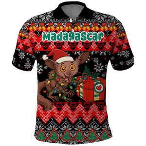 Madagascar Christmas Polo Shirt Aye Aye Lemur Santa Hat Holiday Lights - African Pride