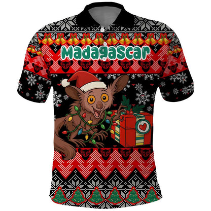 Madagascar Christmas Polo Shirt Aye Aye Lemur Santa Hat Holiday Lights - African Pride